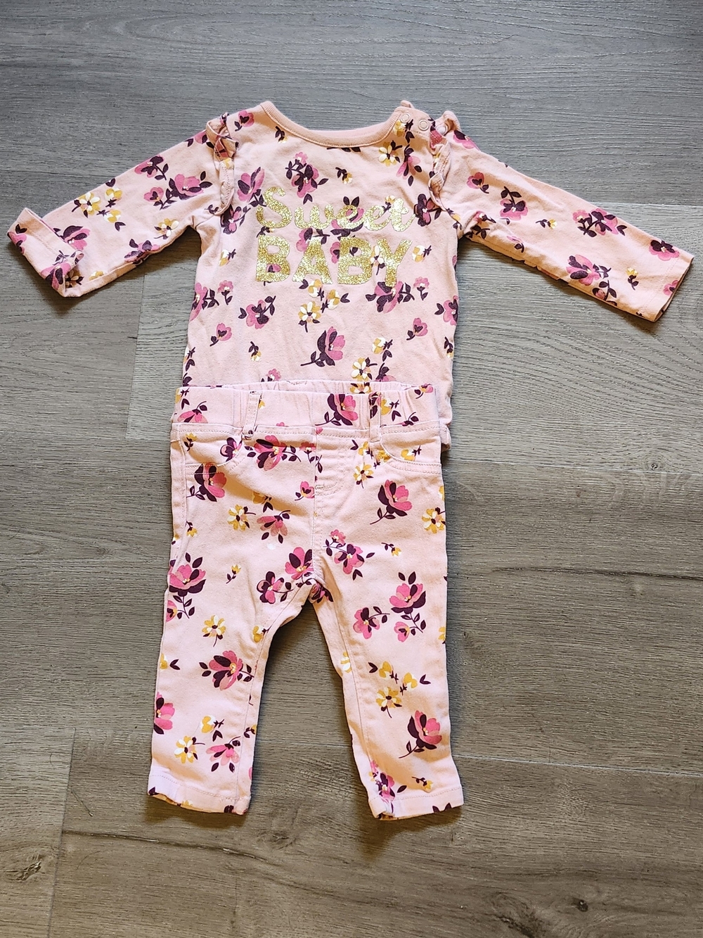 Garanimals Pink Floral "Sweet Baby" Pajama Set with Gold Glitter